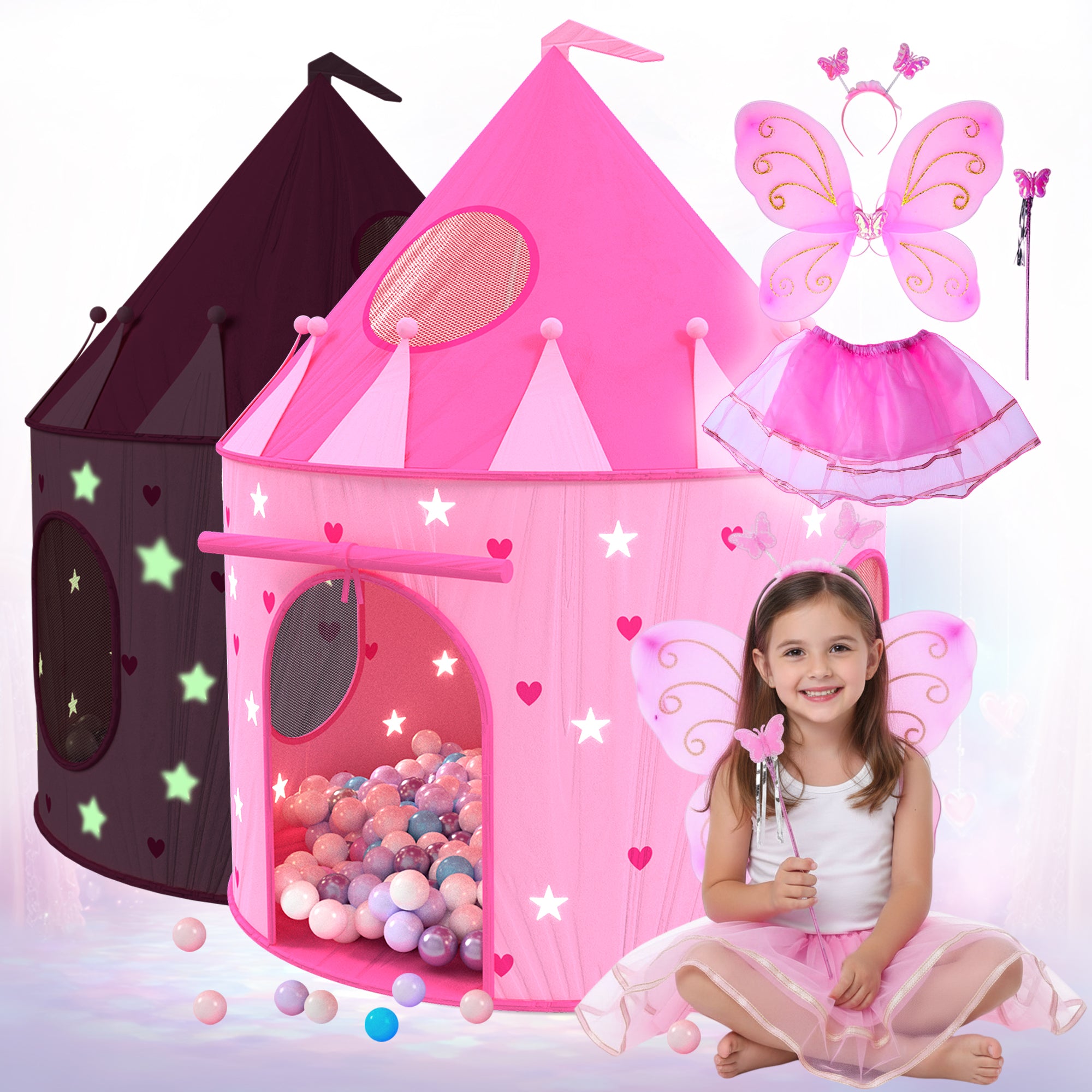 tent princess 5-Piece Princess Castle Girls Play Tent w/ Glow in The Dark Stars & Butterfly Fairy Dress Up Costume