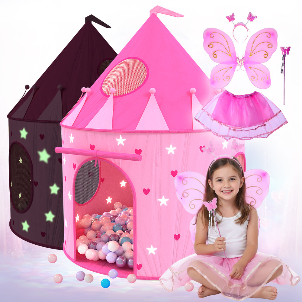 5-Piece Princess Castle Girls Play Tent w/ Glow in The Dark Stars & Butterfly Fairy Dress Up Costume