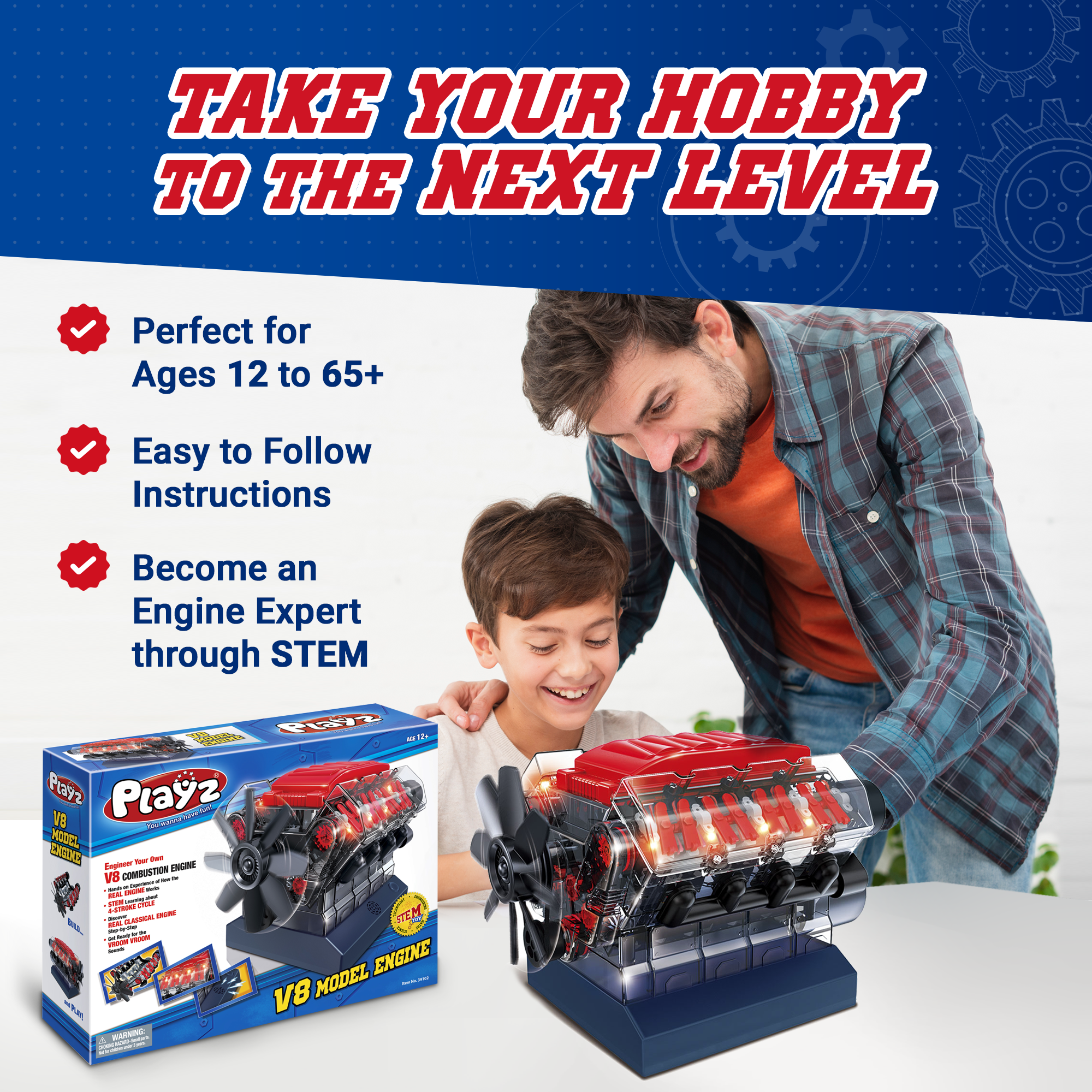 Playz V8 Kit de construcción de modelos de motor de combustión STEM Hobby  Toy para niños y adultos con guía de bricolaje y piezas realistas que  incluyen correa de distribución, culatas, bujías