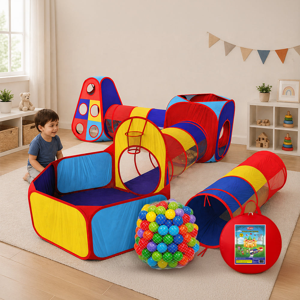 JungleGym Mega Playtime Combo - 5pc JungleGym Tent, Tunnel and Ball Pit set + Extra Large Crawl tunnel + 200 Ball Pit Balls -  Indoor/outdoor Pop-up Play set