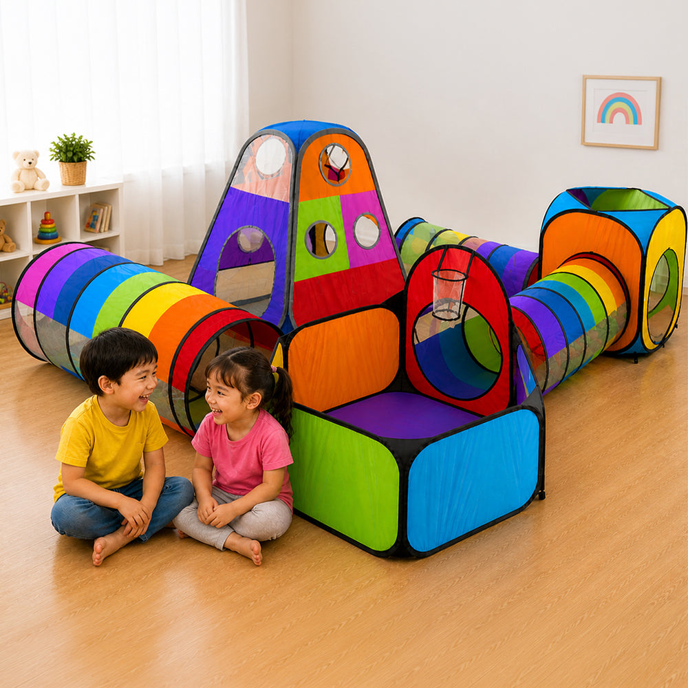 Rainbow Playtime Combo - 5pc Rainbow Tent, Tunnel and Ball Pit set + Extra Large Rainbow Crawl Tunnel for kids - Indoor/outdoor Pop-up Play set
